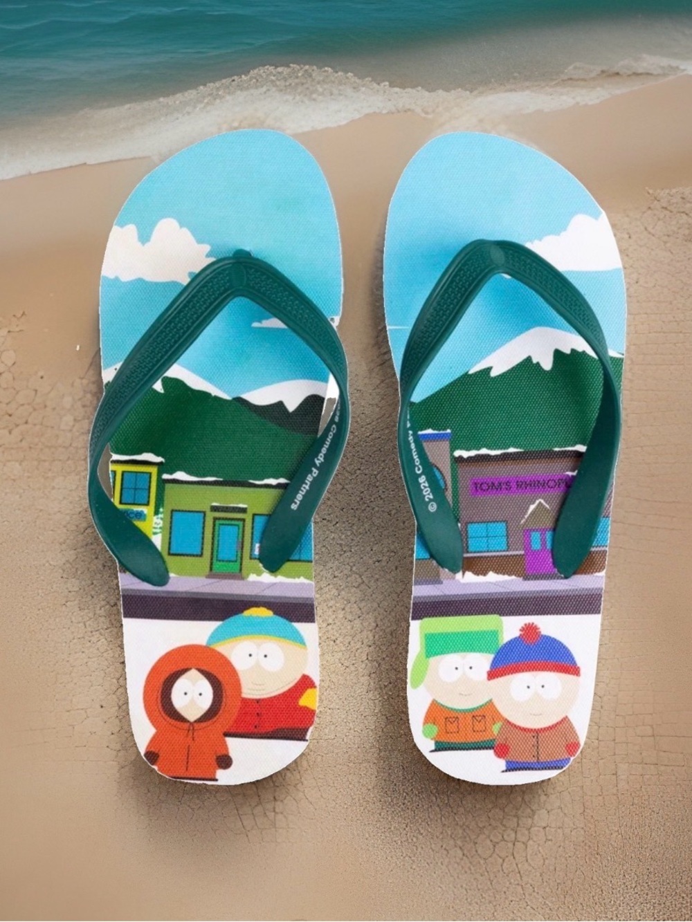 Pair of officially licensed South Park Men's Size 9 Flip-Flop Sandals. NWT